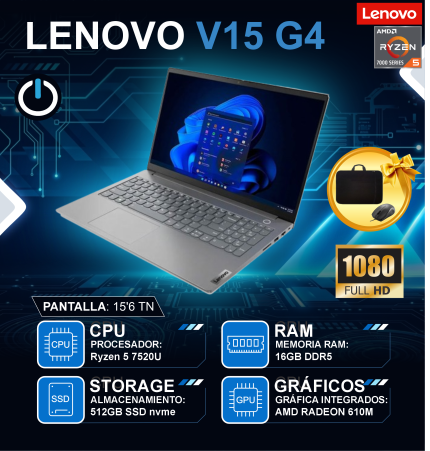 LAPTOP LENOVO V15 G4 AMN RYZEN5 7520U/ 16GB/ SSD512GB/ 15.6/ FREE/ 82YU00XYLM