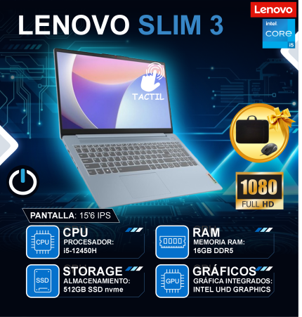 LAPTOP LENOVO IDEAPAD SLIM 3 15IAH8, 15.6"" FHD IPS TOUCH CORE I5-12450H 2.0/4.4GHZ, 16GB LPDDR5. 512GB SSD (83ER00NKLM)
