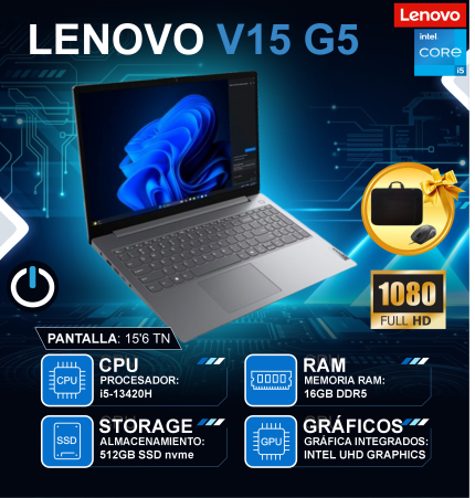 LAPTOP LENOVO V15 G5 IRL, 15.6" FHD TN, CORE I5-13420H 2.1/4.6GHZ, 16GB DDR5-5200MHZ, 512GB SSD (83GW005JLD)