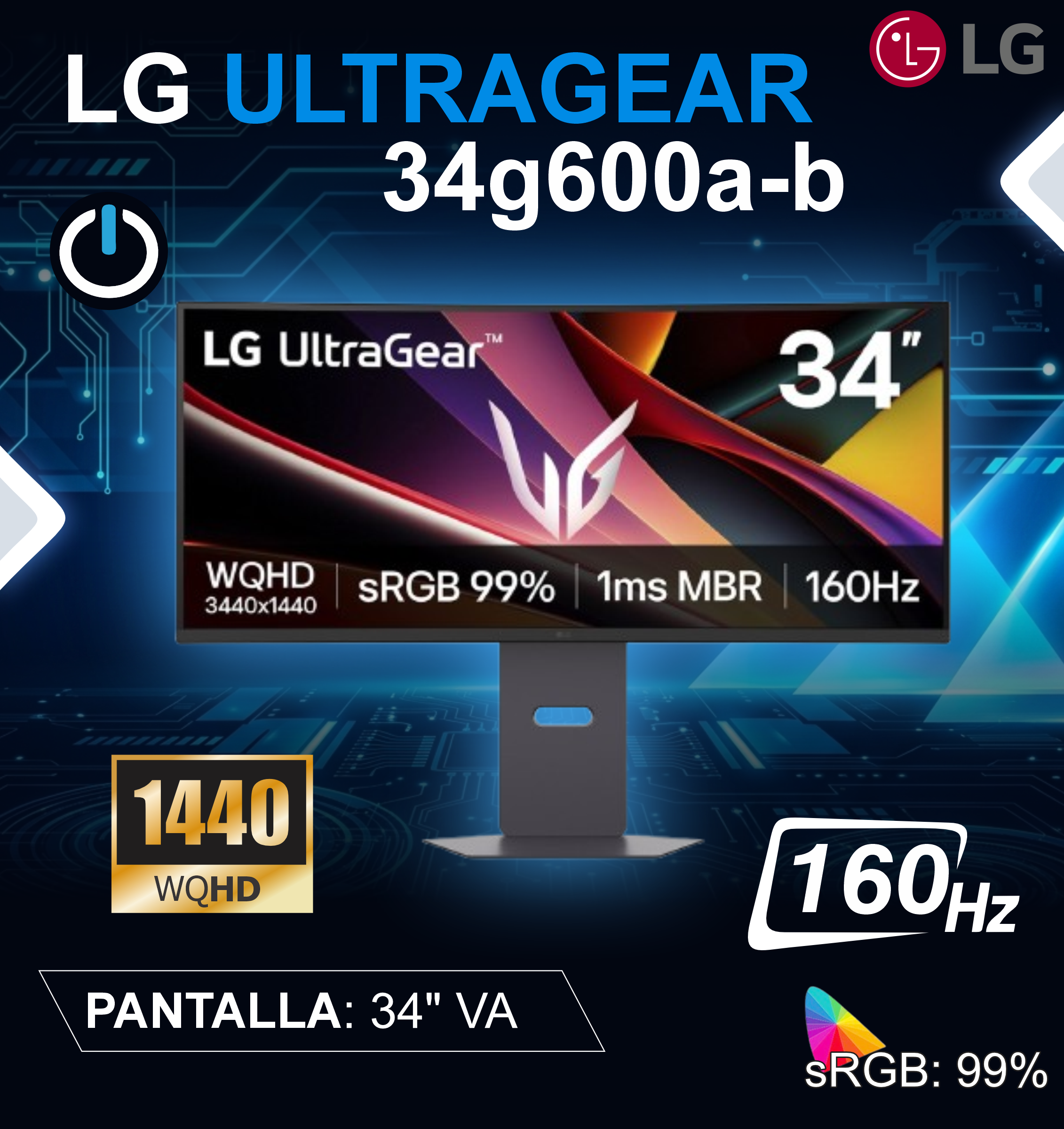 MONITOR 34 lg MONITOR LG 34G600A-B 34" ULTRAGEAR G6 CURVO/WQHD/VA/160HZ/1MS MBR/HDMI X2/DP/HEADPHONE-OUT - Imagen 1